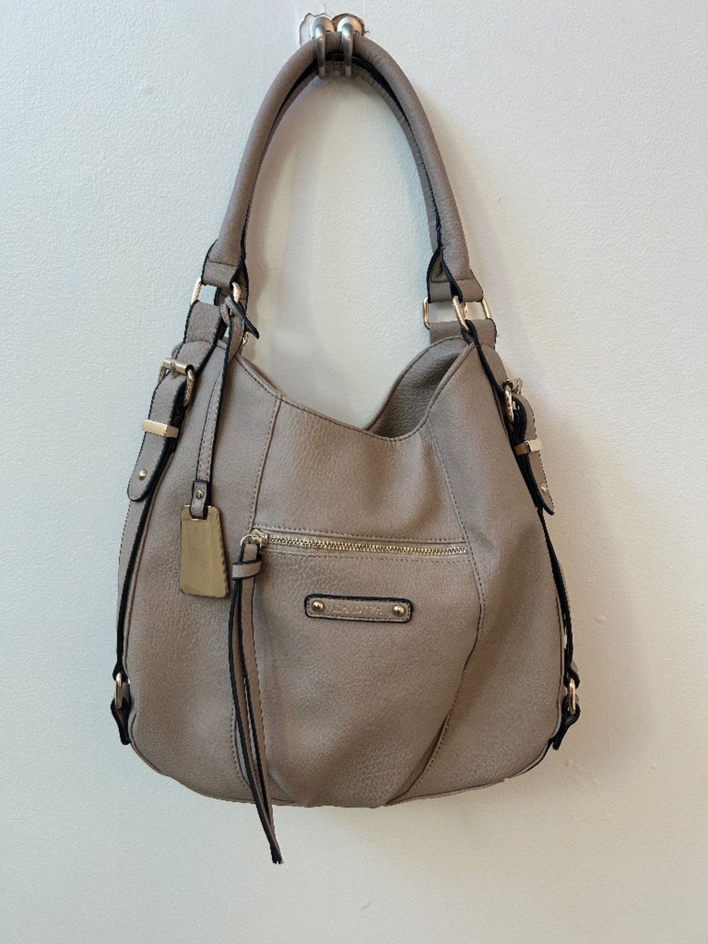 La Diva Taupe Hobo Bag with Gold Hardware